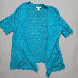 Christopher & Banks Teal Blue Crochet Knit Open Front Cardigan Short Sleeve M